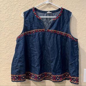 Gap Women's Tank Top Denim Jean Sleeveless Embroidered Western